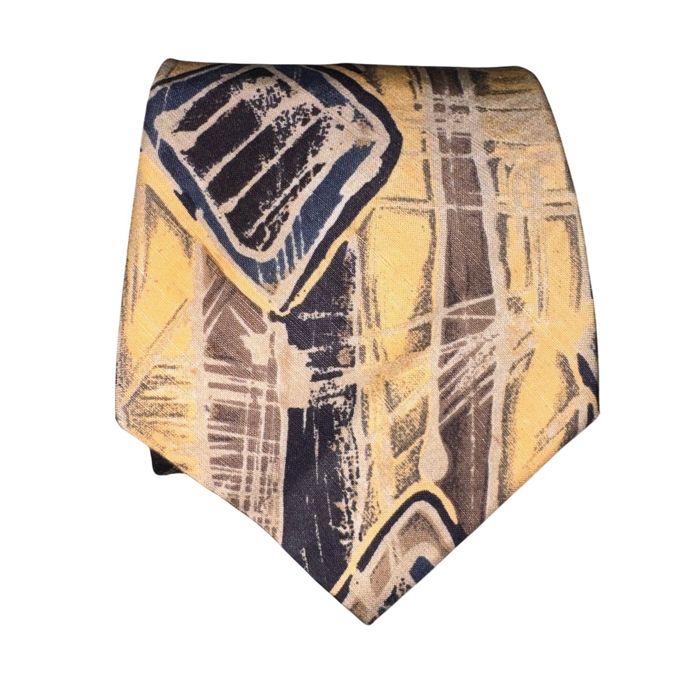 J.T. Beckett Mens Silk Linen Abstract Geometric Necktie Yellow Navy Made in USA